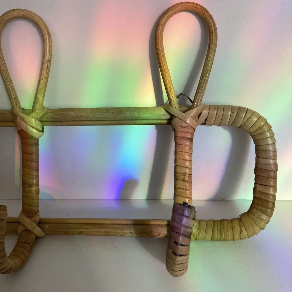 Vintage Rattan Bamboo 3 Hook Coat Rack Hanger Wall Mount 14.5